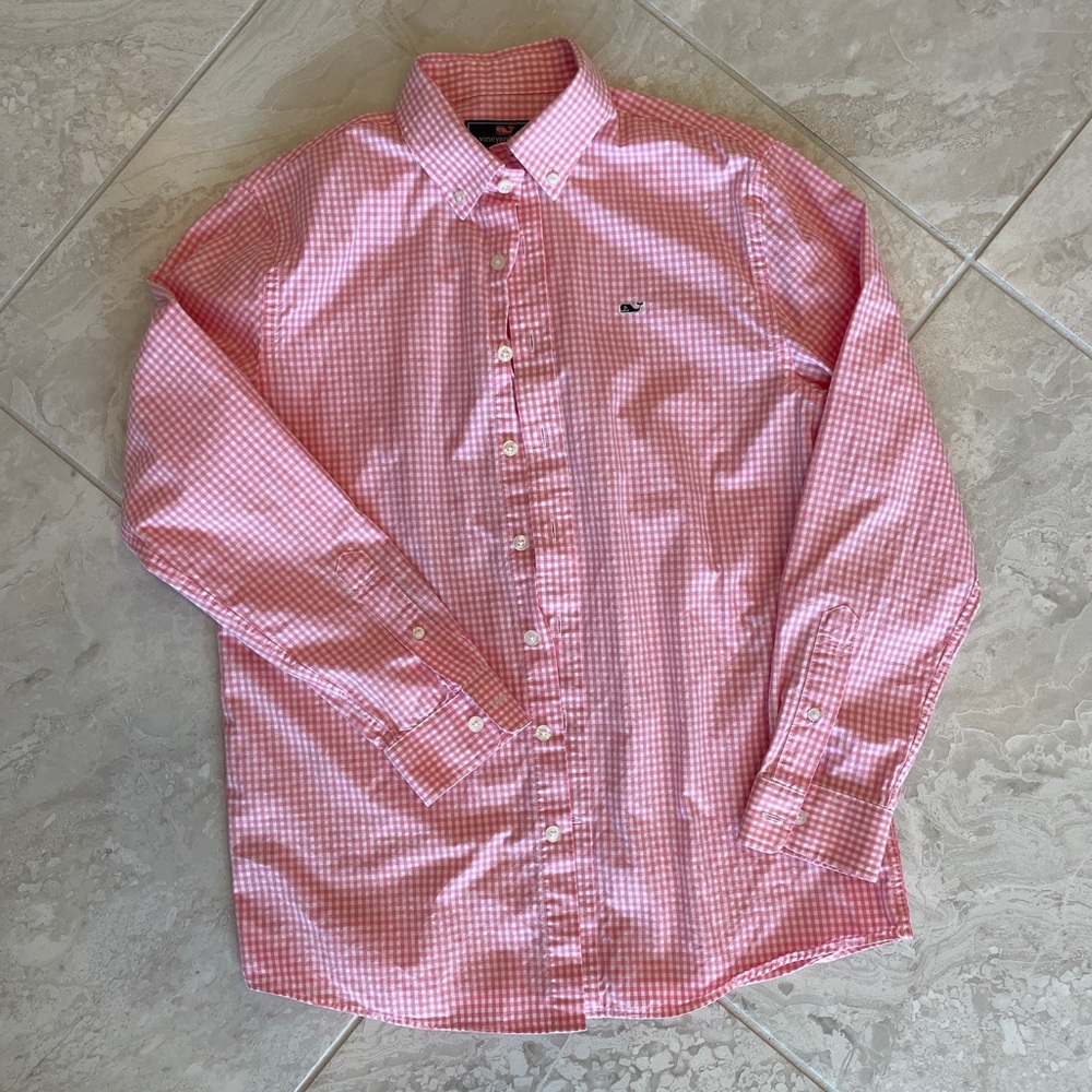 Vineyard Vines Boy’s L 16-18 Pink & white checked whale button down dress shirt